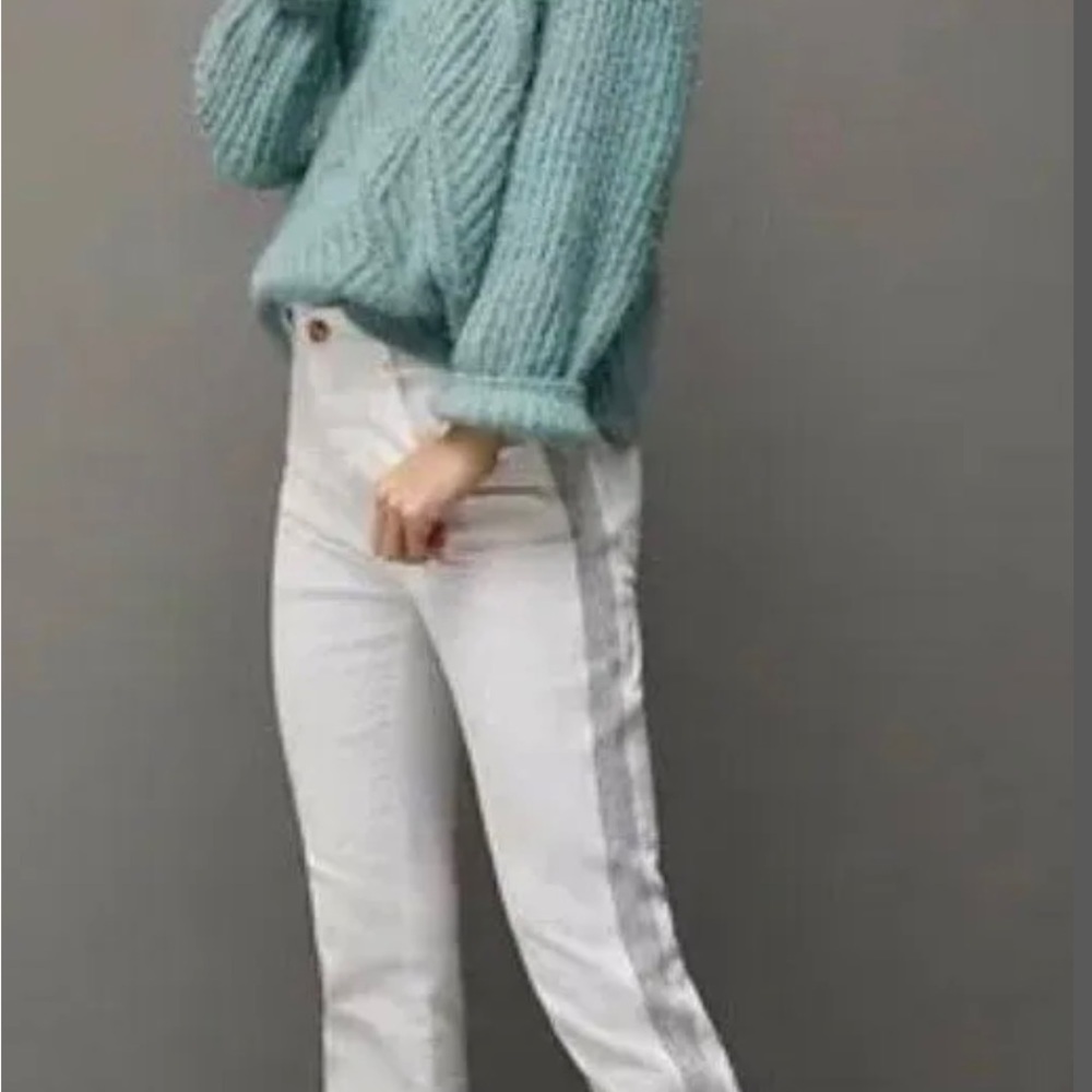 Women’s Pilcro And The Letterpress White Slim Straight Wide Stripe Buckle Jeans